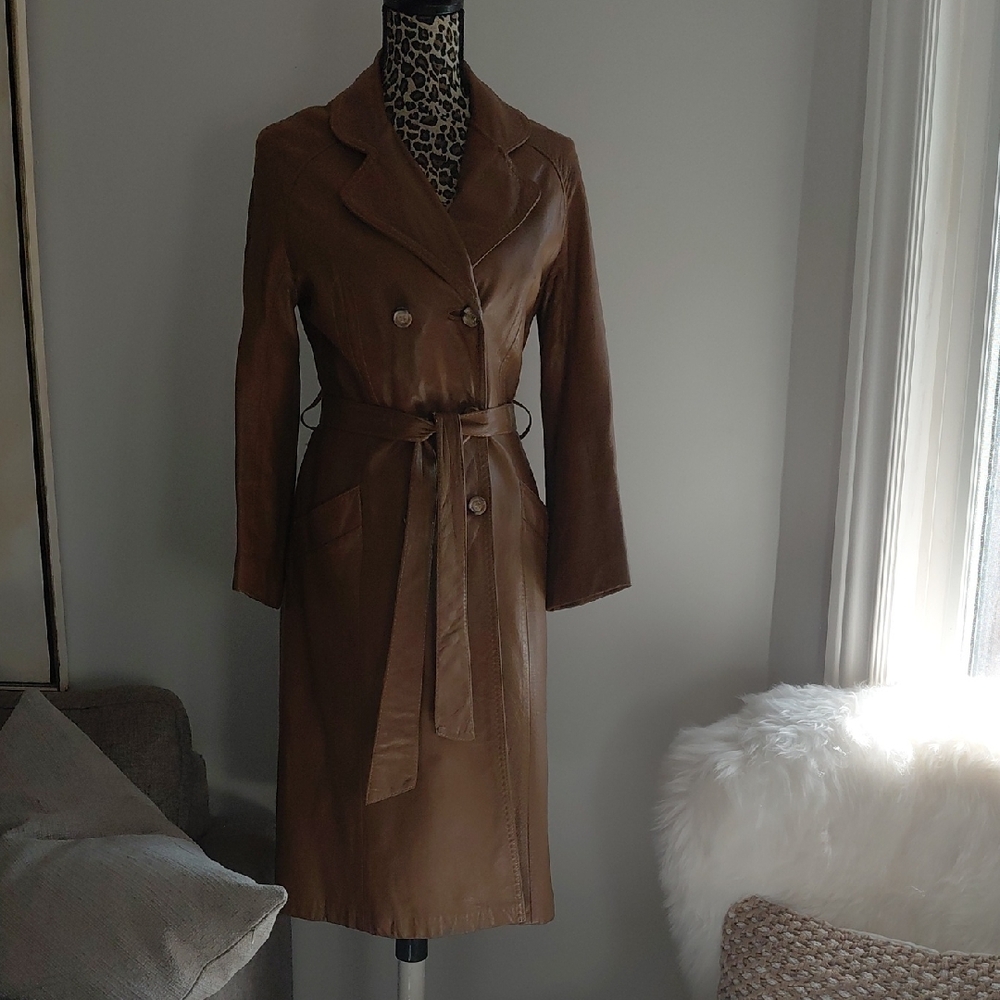Genuine Leather Elegant Brown Women's Trench Coat